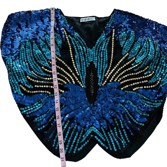 Vintage 1980s Sequin Butterfly Top Batwing Dolman Sleeve Hand Embroidered - Picture 6 of 7